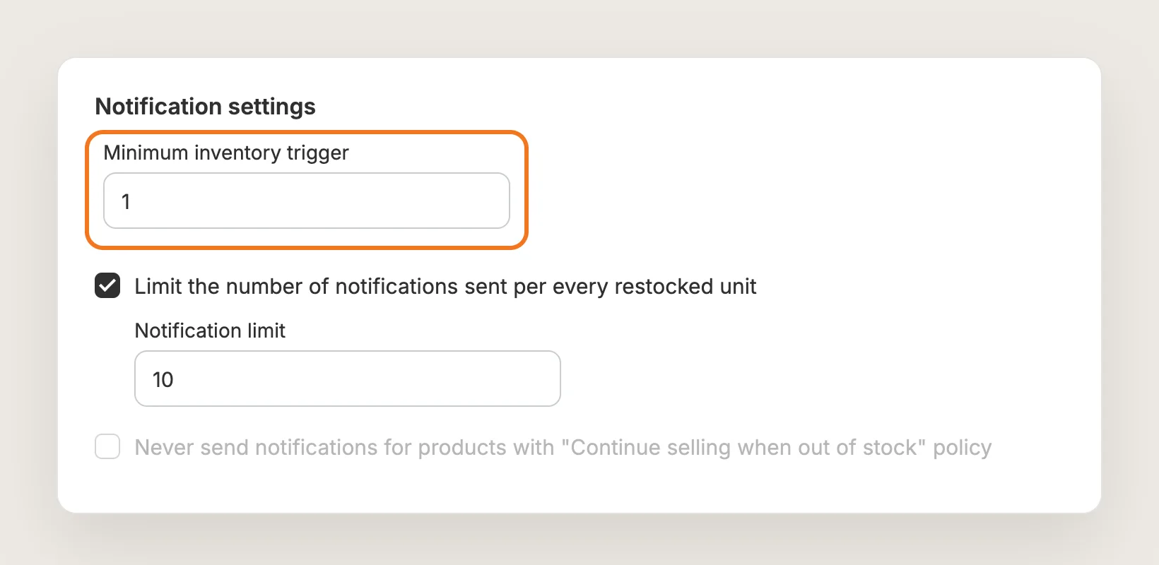 Notification settings card with Minimum inventory trigger highlighted, the notification limit ticked and the pre-order option