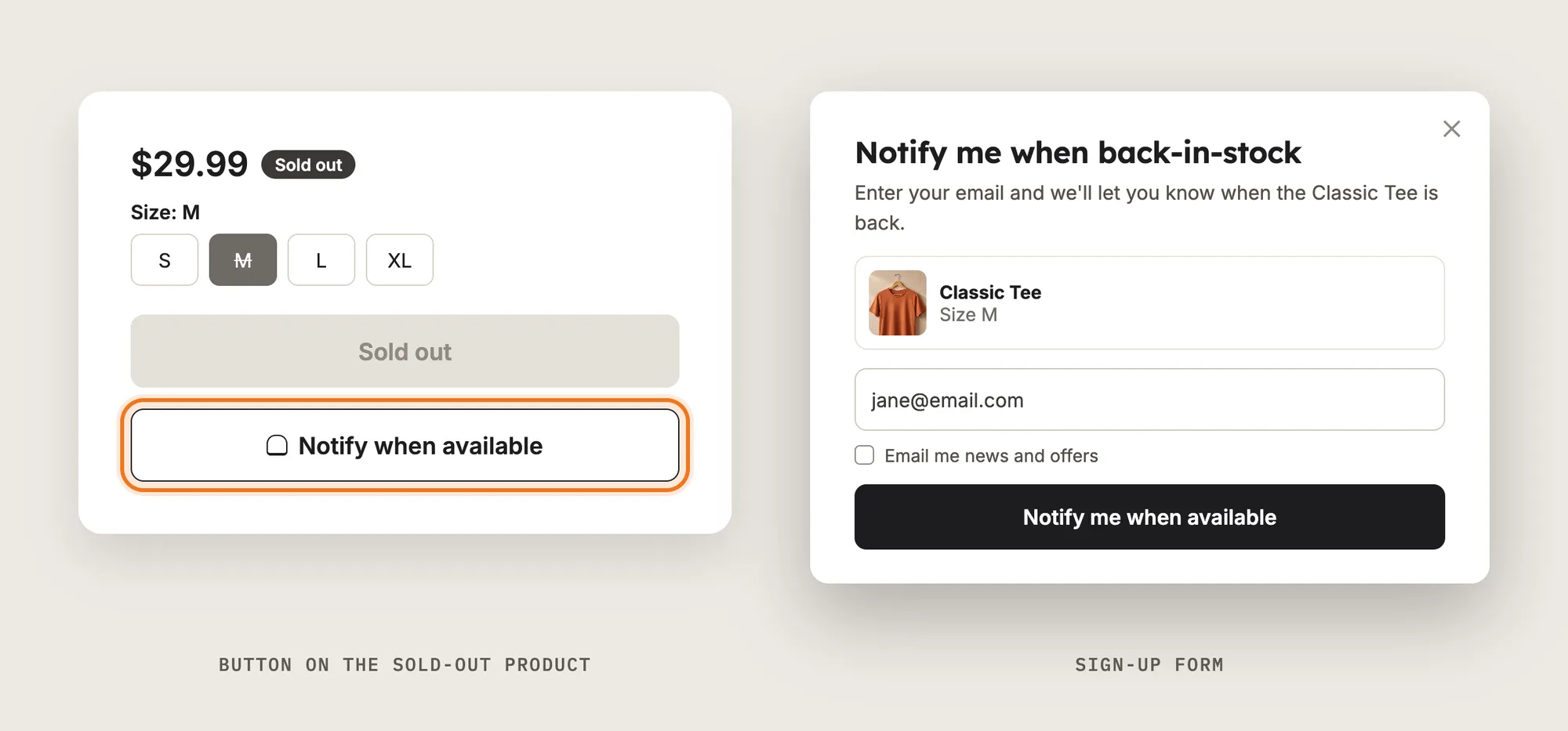 Close-up of a sold-out product with a Notify when available button, next to the sign-up form with an email field and a Notify me when available button