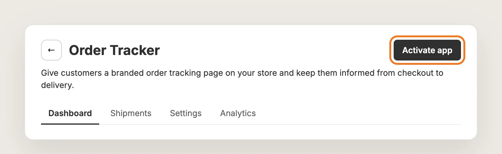 Vitals Order Tracker app page with the Activate app button highlighted