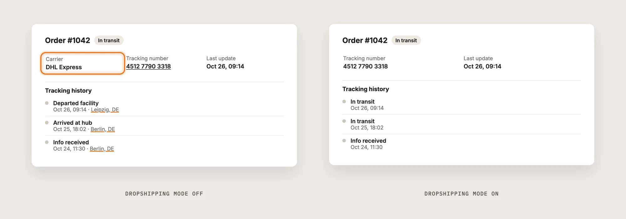 Two order tracking page results, one with the carrier name and scan locations and one in dropshipping mode without them