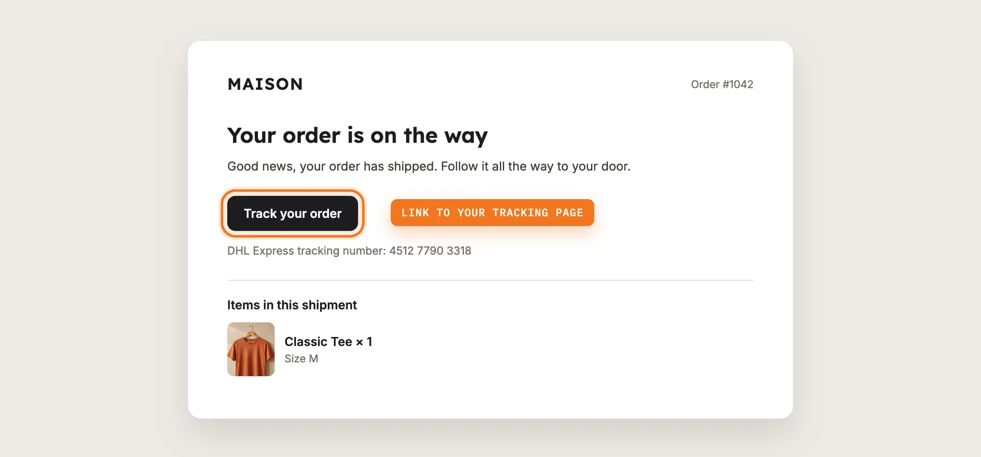 A shipping confirmation email with the Track your order link highlighted