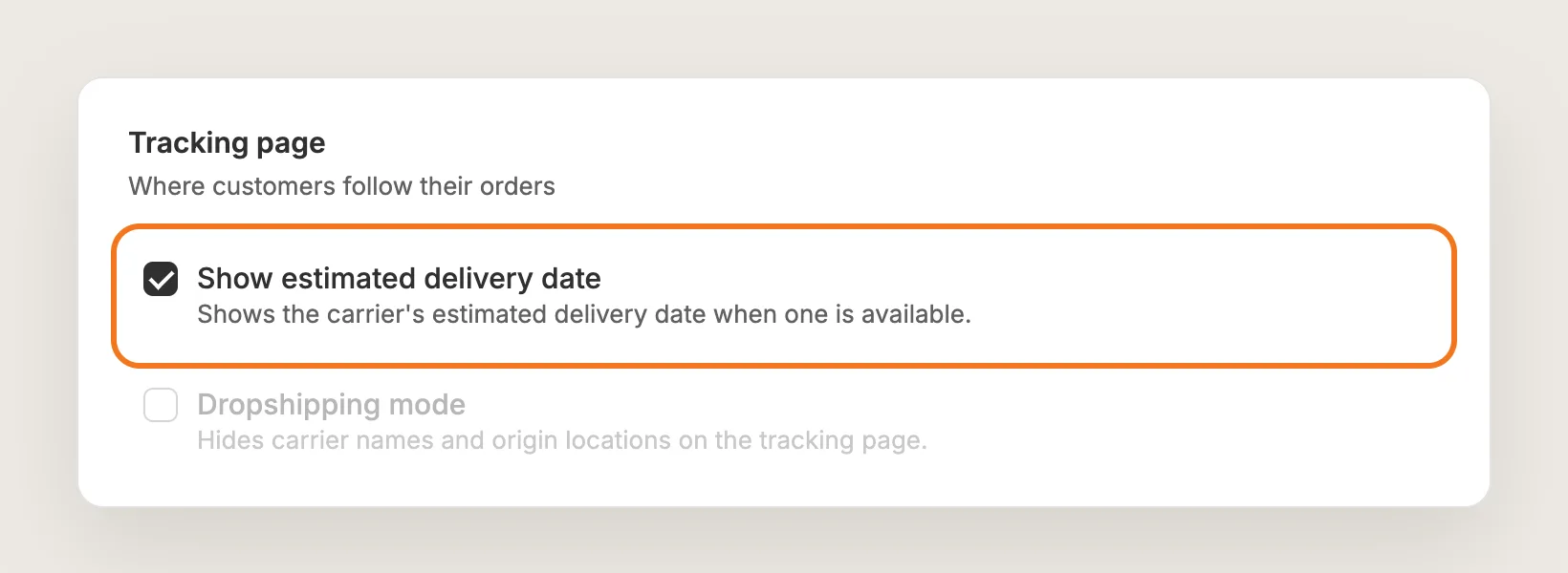 Tracking page settings with the Show estimated delivery date checkbox ticked and highlighted