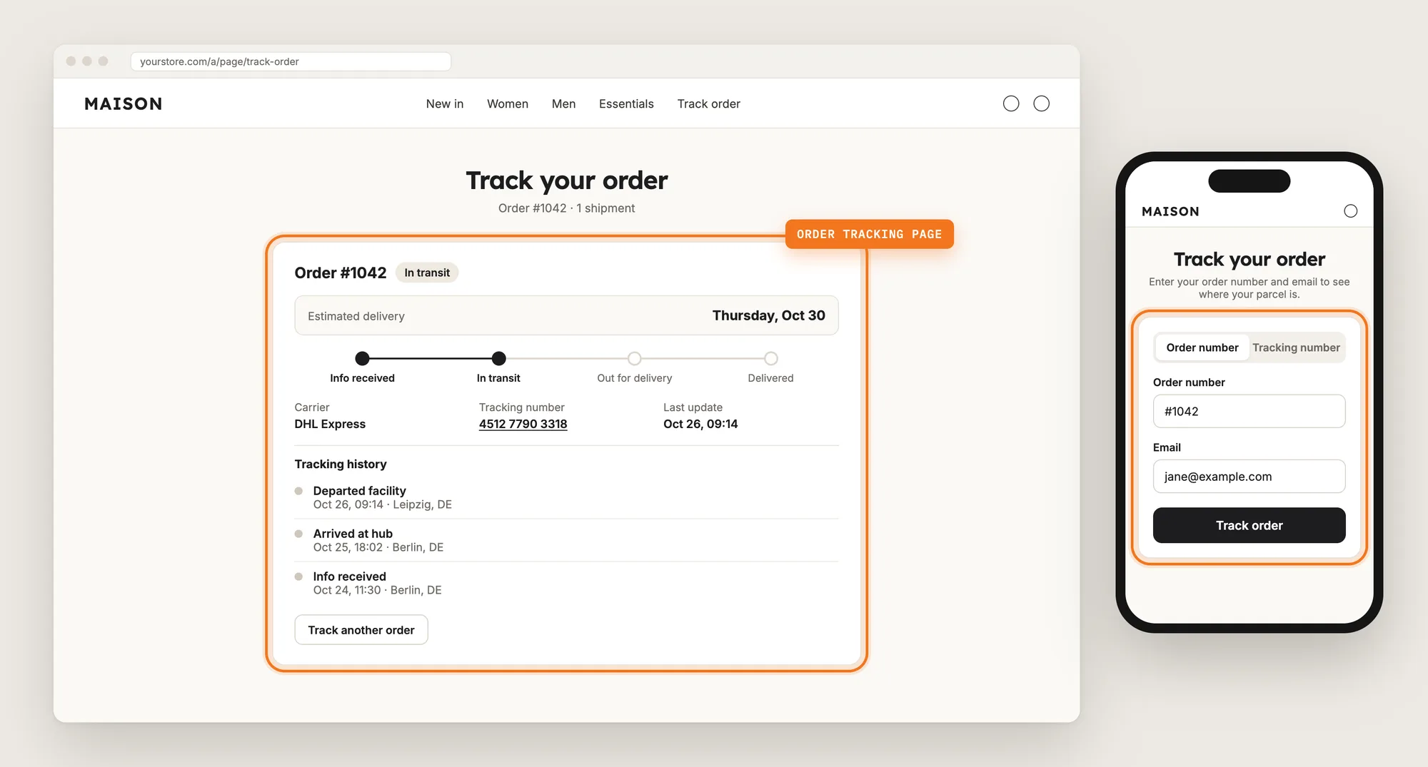 A Shopify store's order tracking page on desktop and mobile, with the order status timeline and the lookup form highlighted