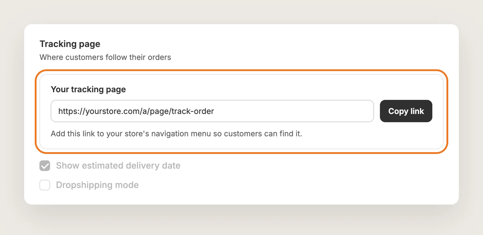 Tracking page settings card with the Your tracking page box and the Copy link button highlighted