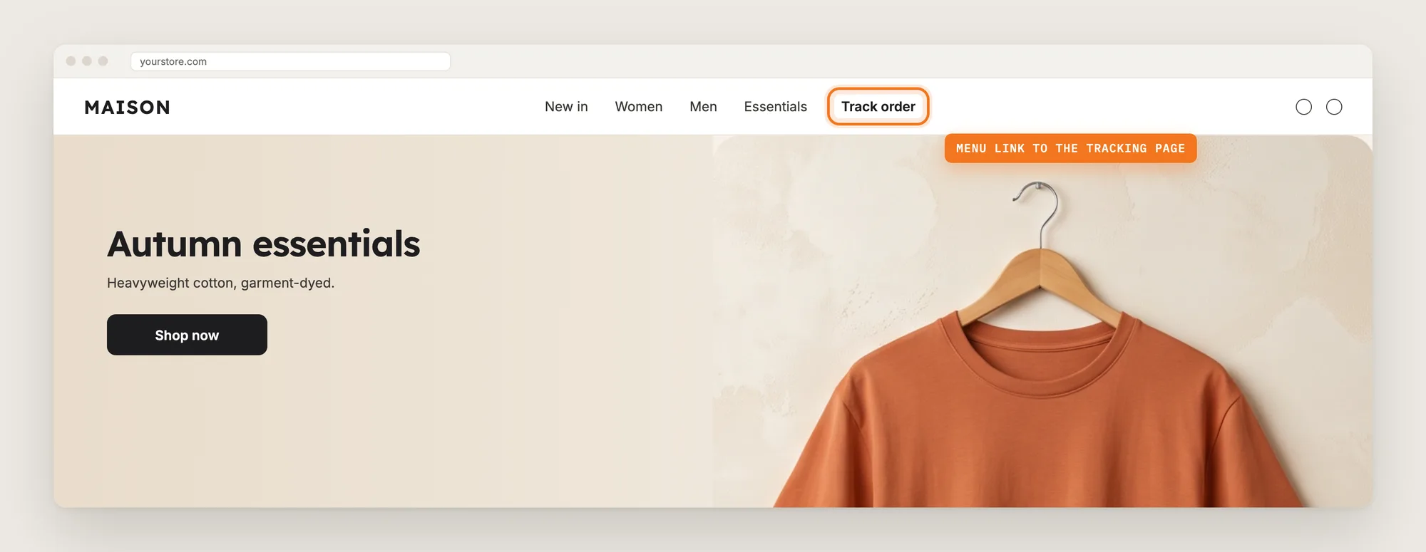 A Shopify store header with a Track order menu link highlighted