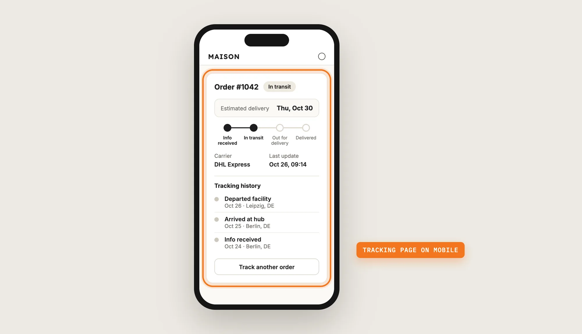 A phone showing the order tracking page with the In transit status, estimated delivery date and tracking history