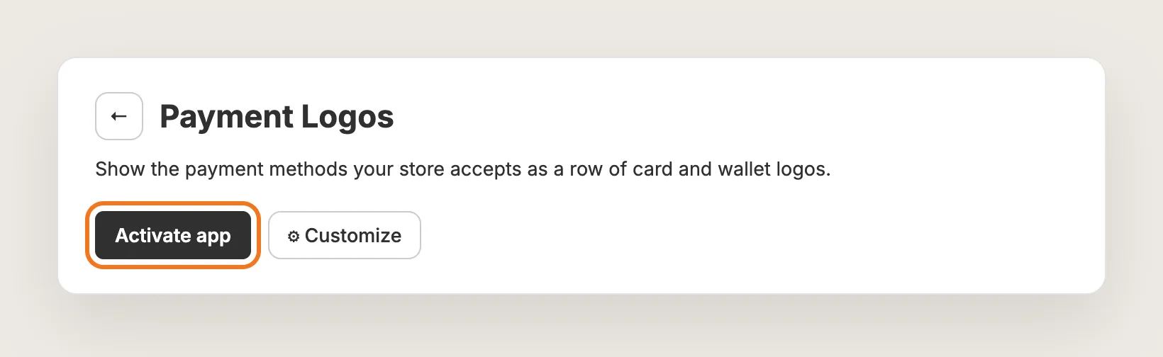 Vitals Payment Logos app page with the Activate app button highlighted
