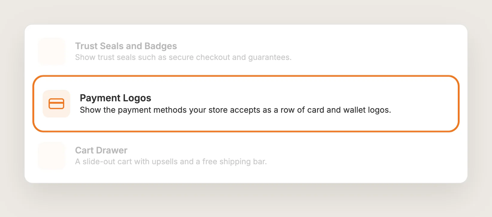 Vitals apps list with the Payment Logos row highlighted