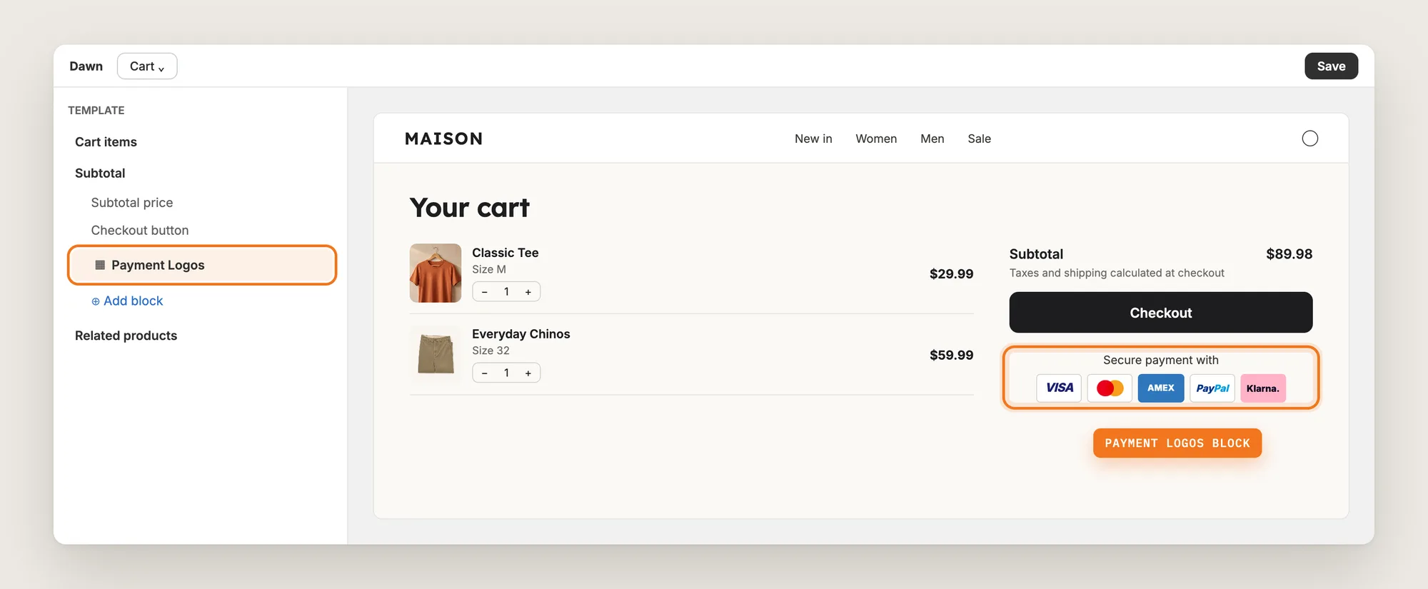 Shopify theme editor on the cart page with the Payment Logos block added under the checkout button