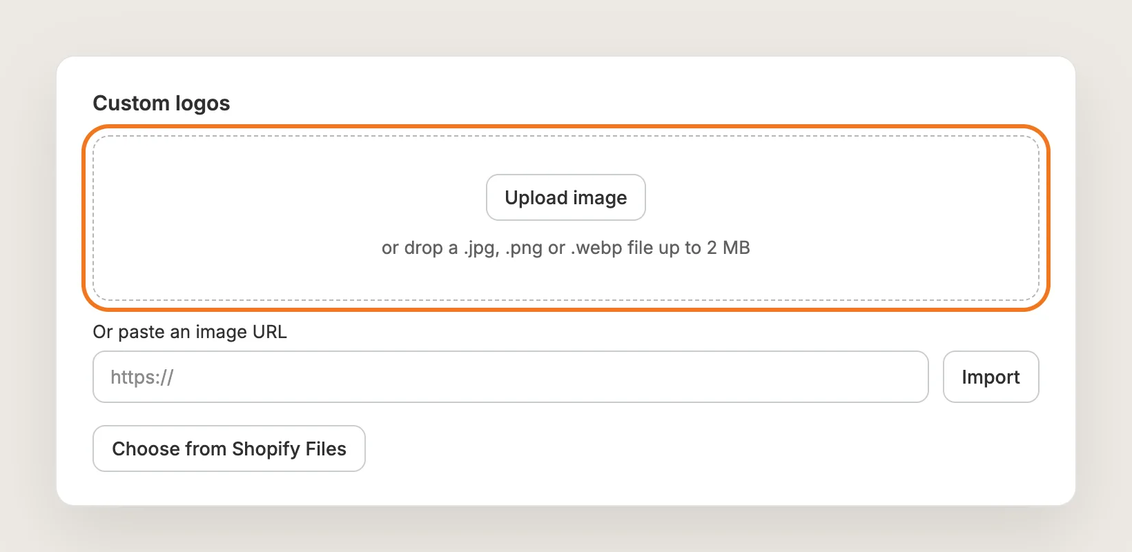 Custom logos section with the Upload image area, the image URL field and the Import button