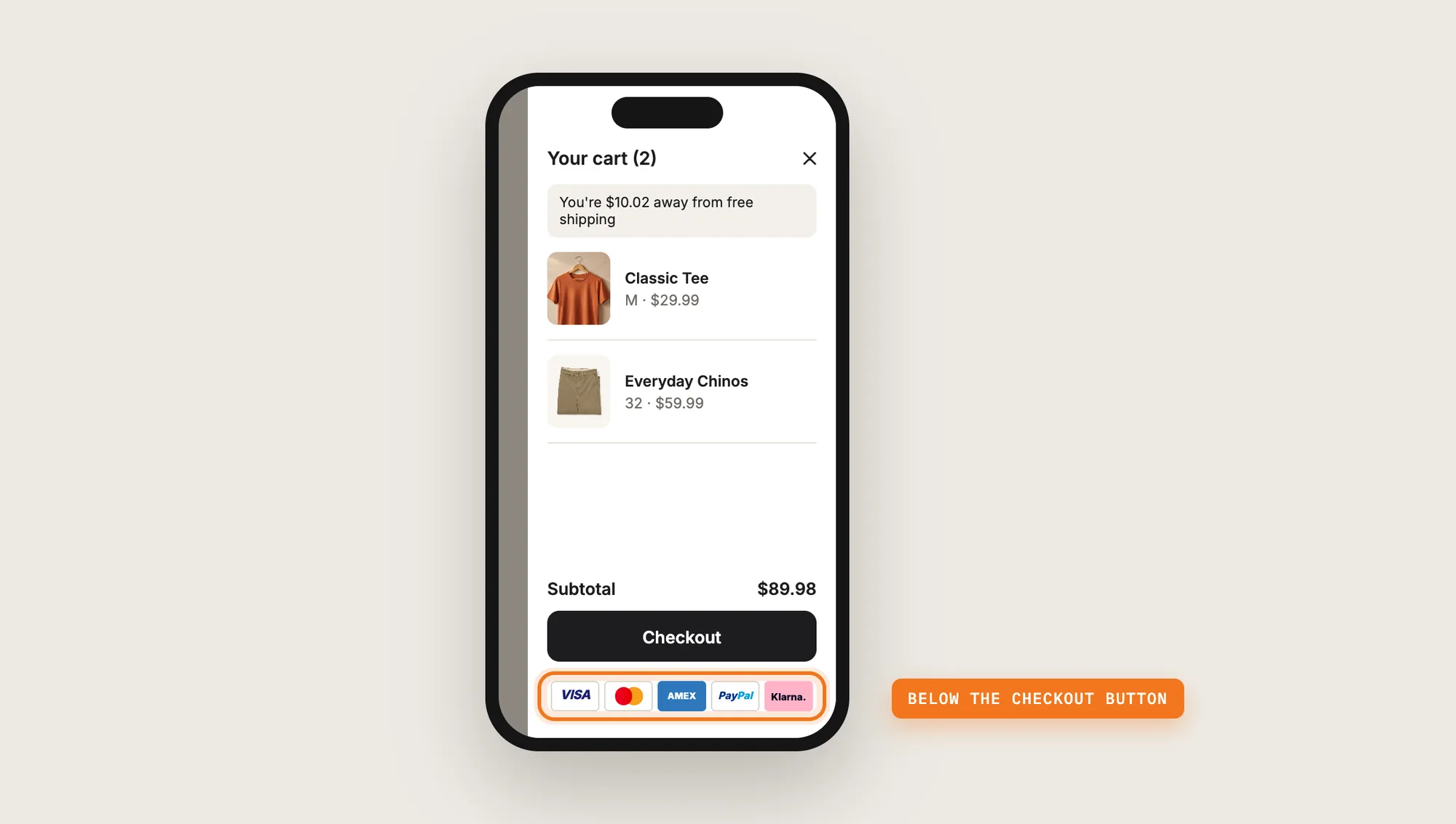 A phone with the Vitals cart drawer open and the payment icons highlighted under the checkout button