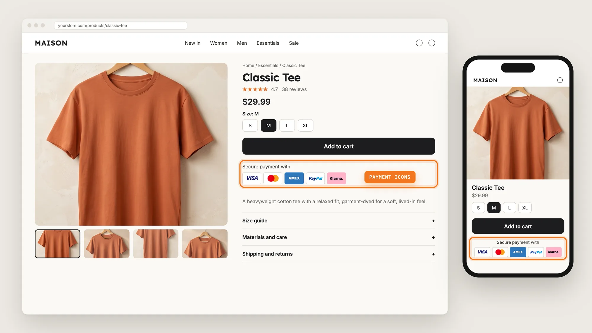 A Shopify product page on desktop and mobile with the payment icons highlighted under the Add to cart button