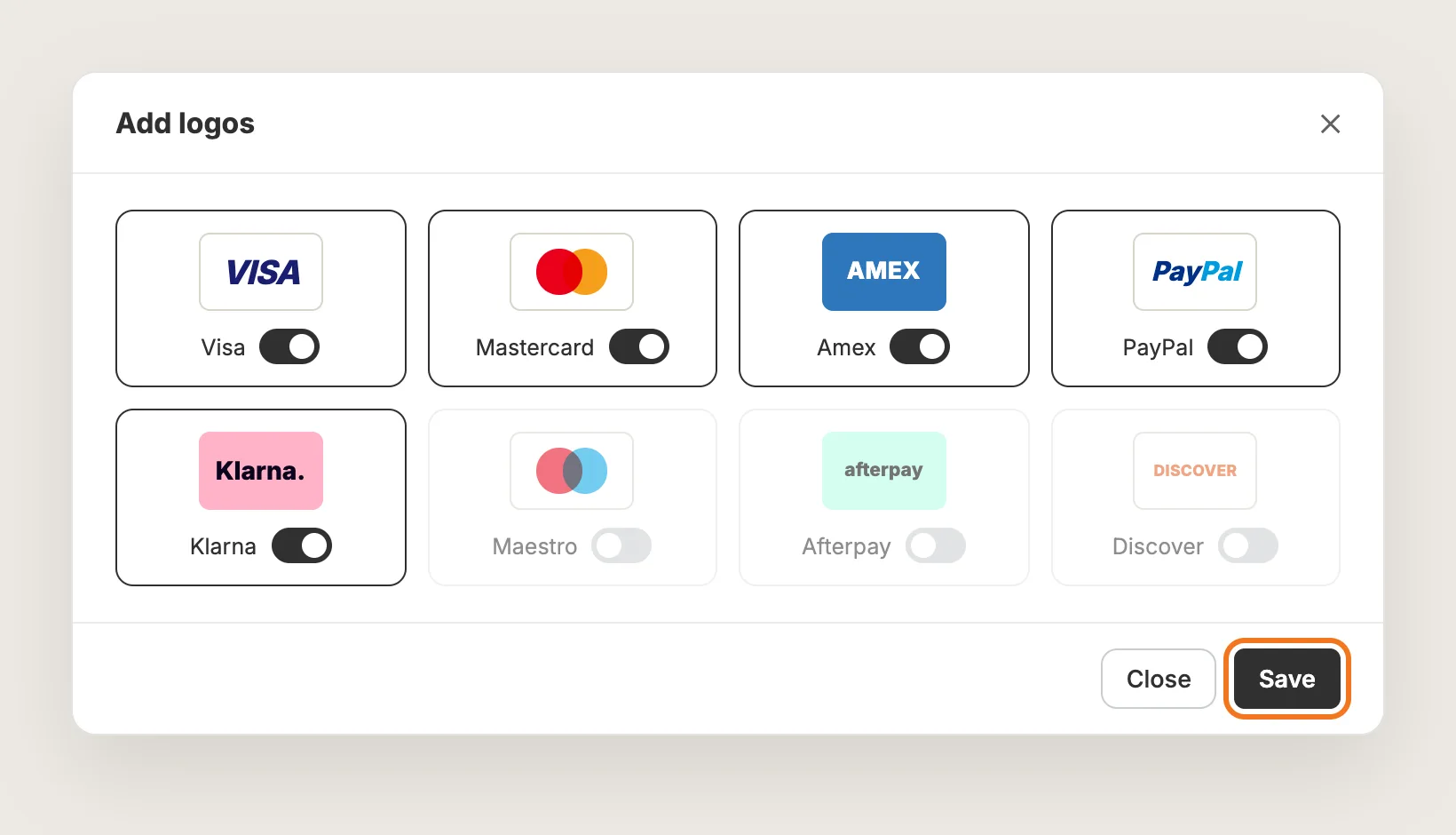 Add logos window with Visa, Mastercard, PayPal, American Express and Klarna selected