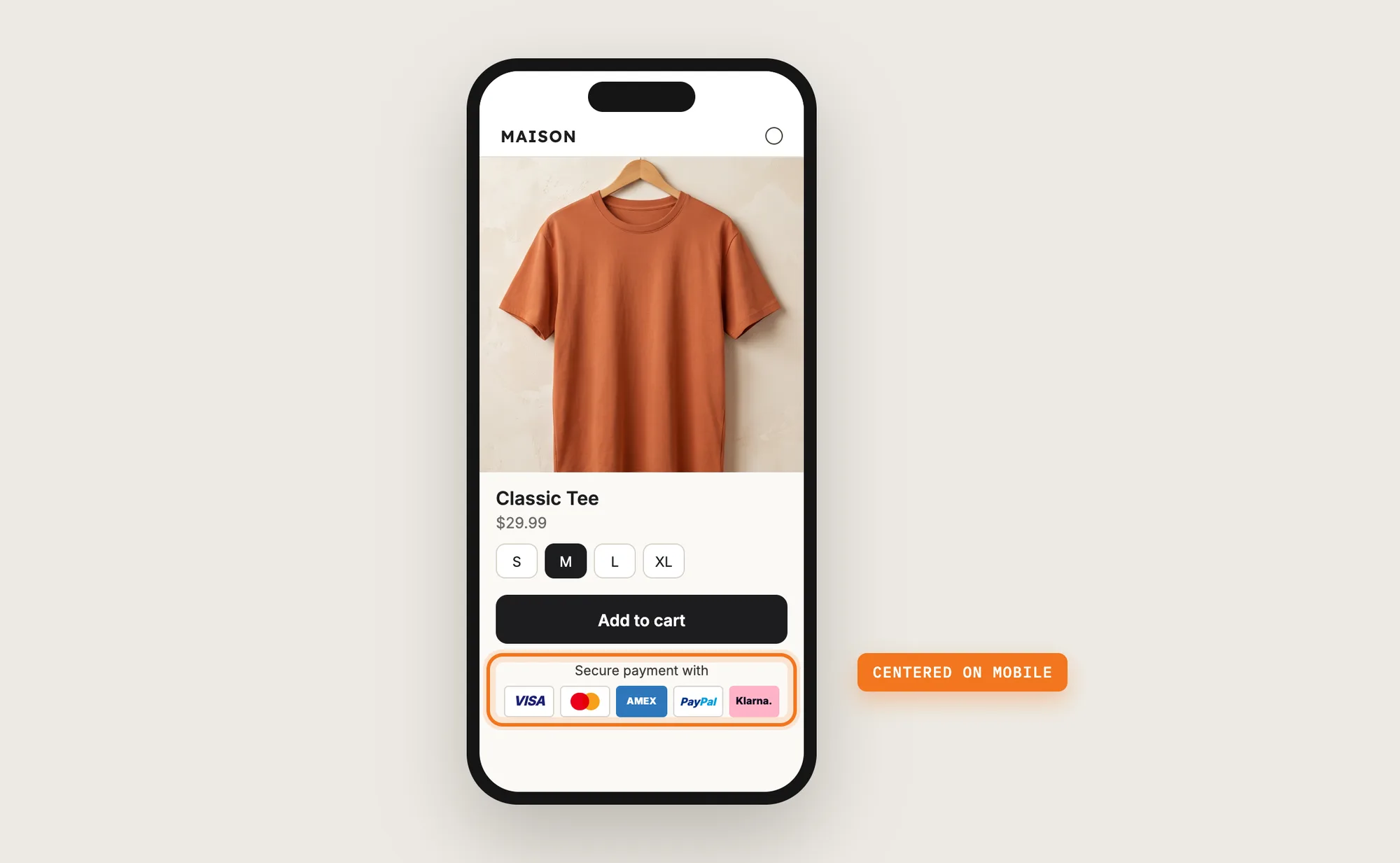 A phone showing a product page with the payment icons centered under the Add to cart button