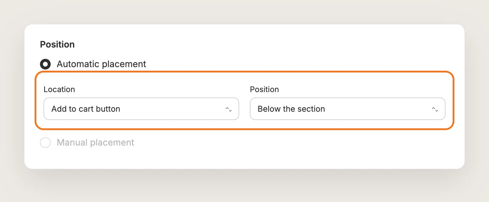 Position card with Location set to Add to cart button and Position set to Below