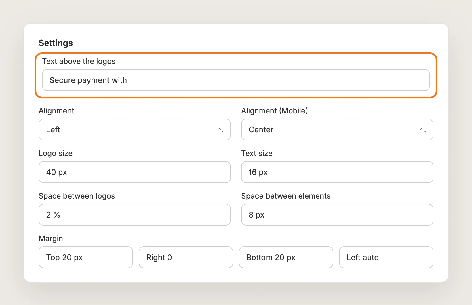Settings card with Text above the logos, Alignment, Logo size and Margin fields