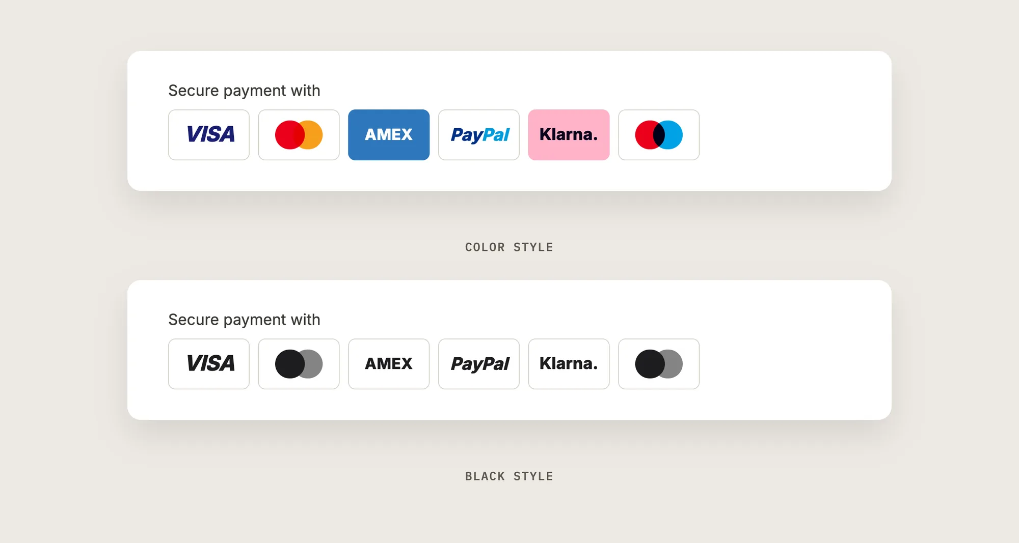 Two payment icons rows, one in full brand colors and one in a single solid color