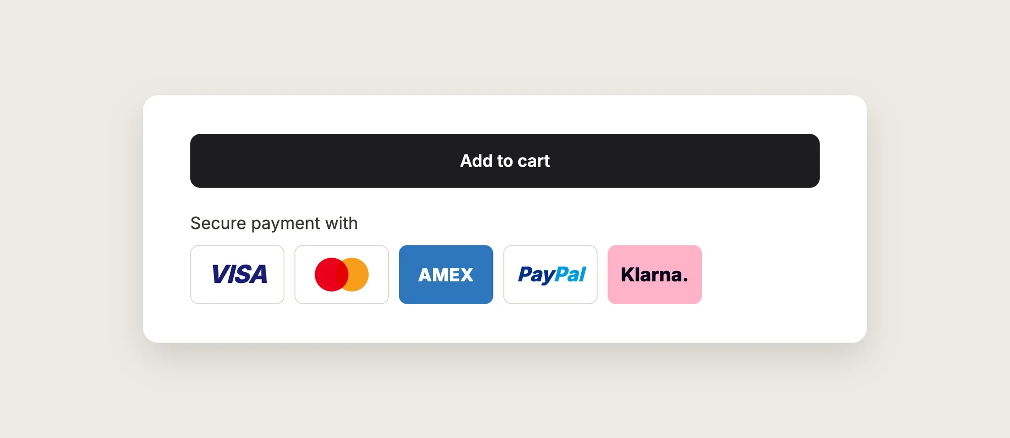 Close-up of a payment icons row with the text "Secure payment with" above Visa, Mastercard, American Express, PayPal and Klarna logos