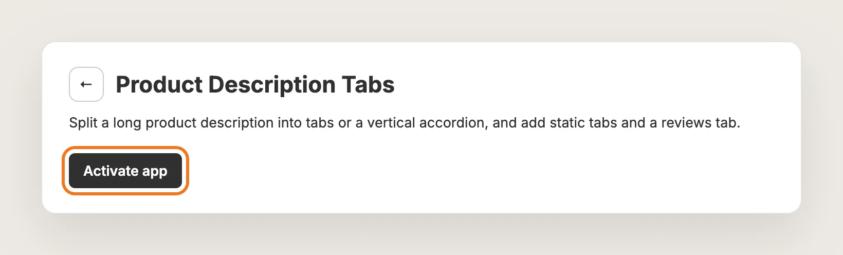 Product Description Tabs app page with the Activate app button highlighted
