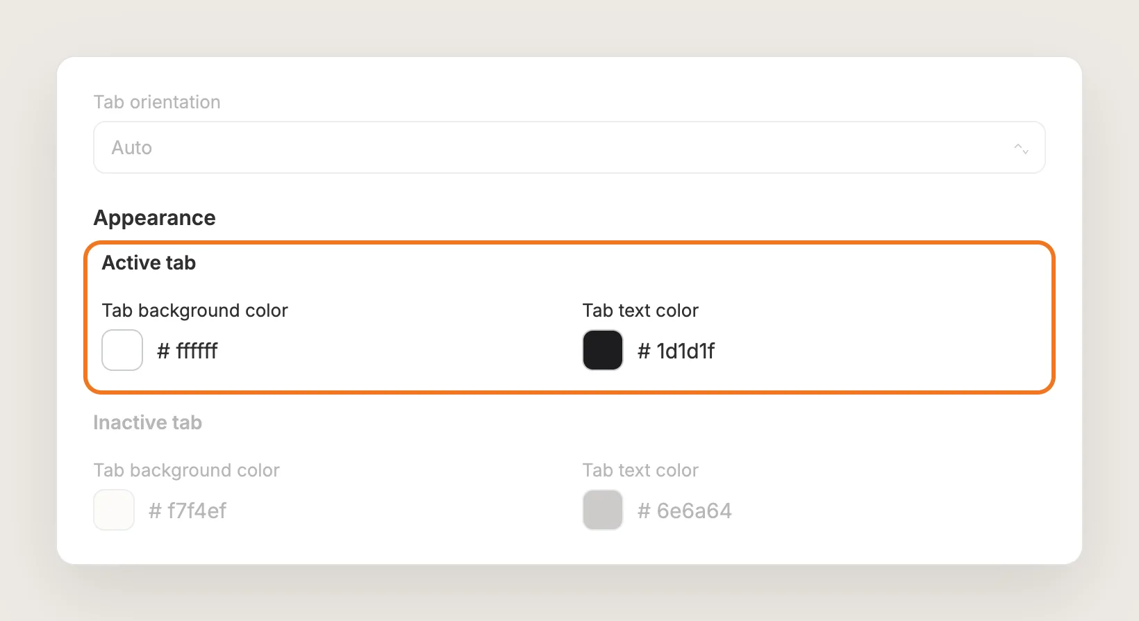 Appearance card with Tab background color and Tab text color for the Active tab and the Inactive tab