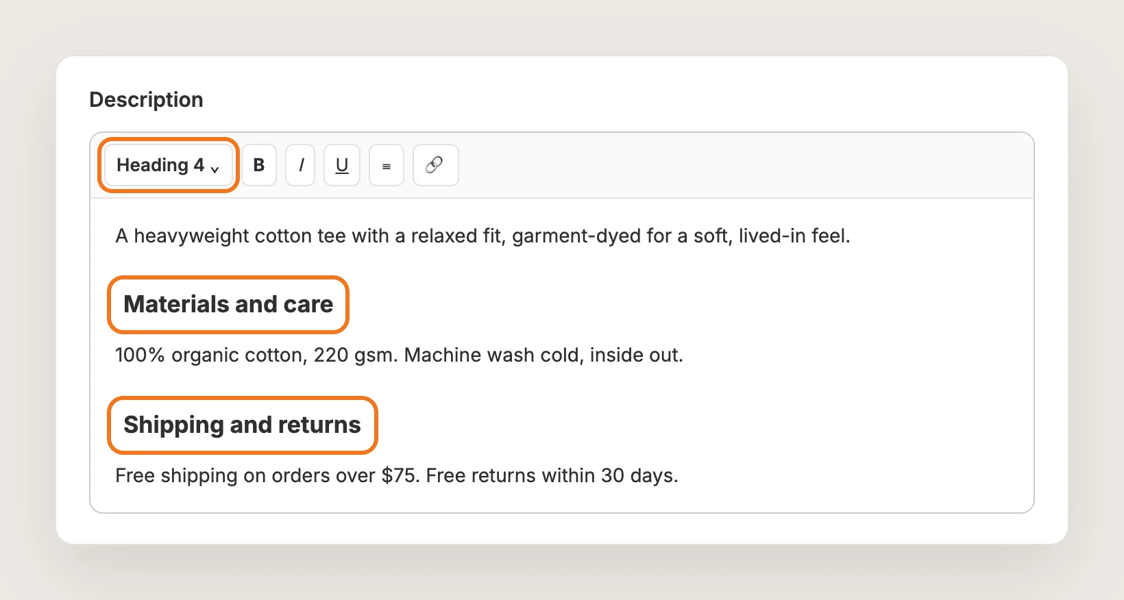 Shopify product description editor with Materials and care and Shipping and returns set as Heading 4