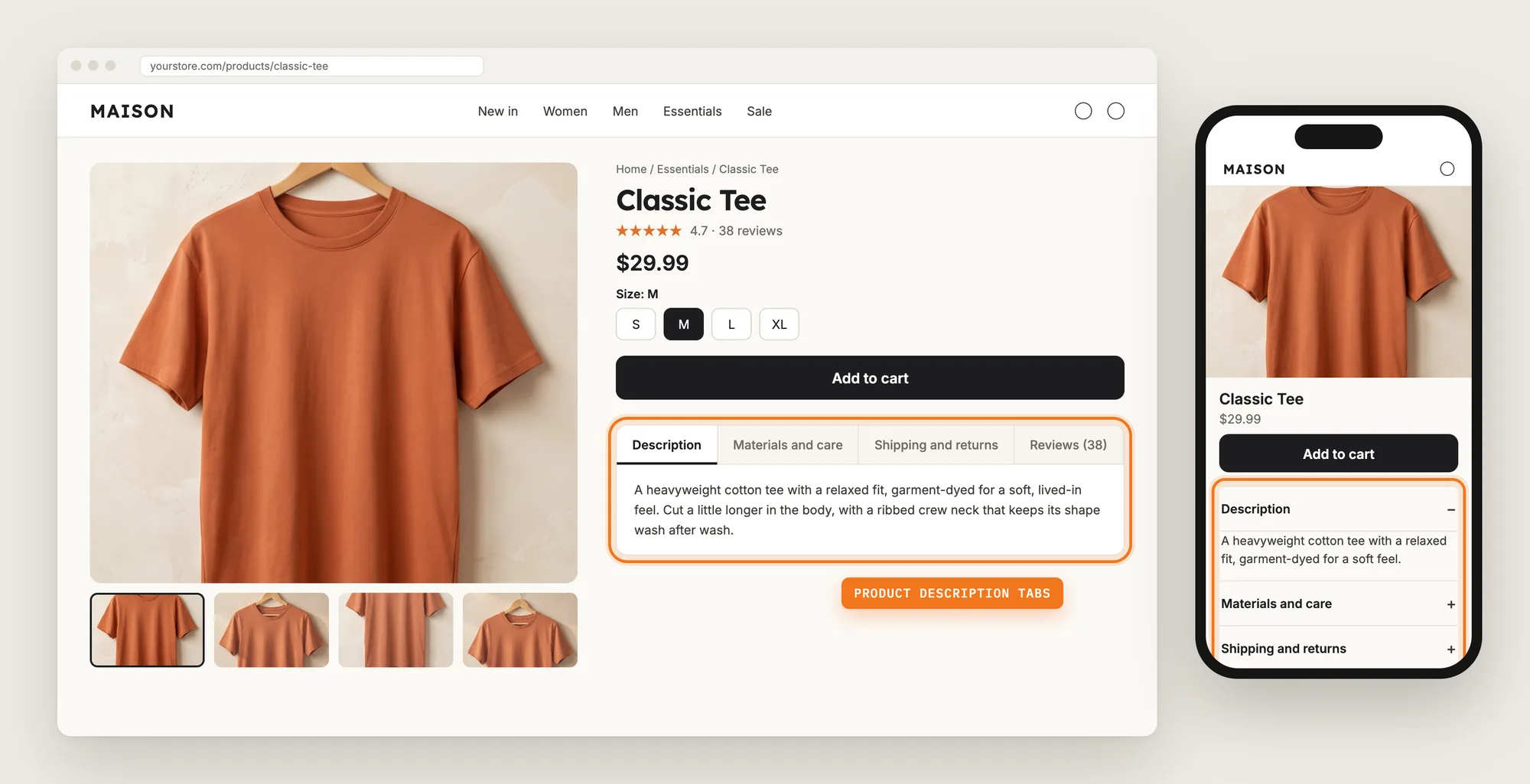 A Shopify product page on desktop and mobile with the product description tabs highlighted under the Add to cart button
