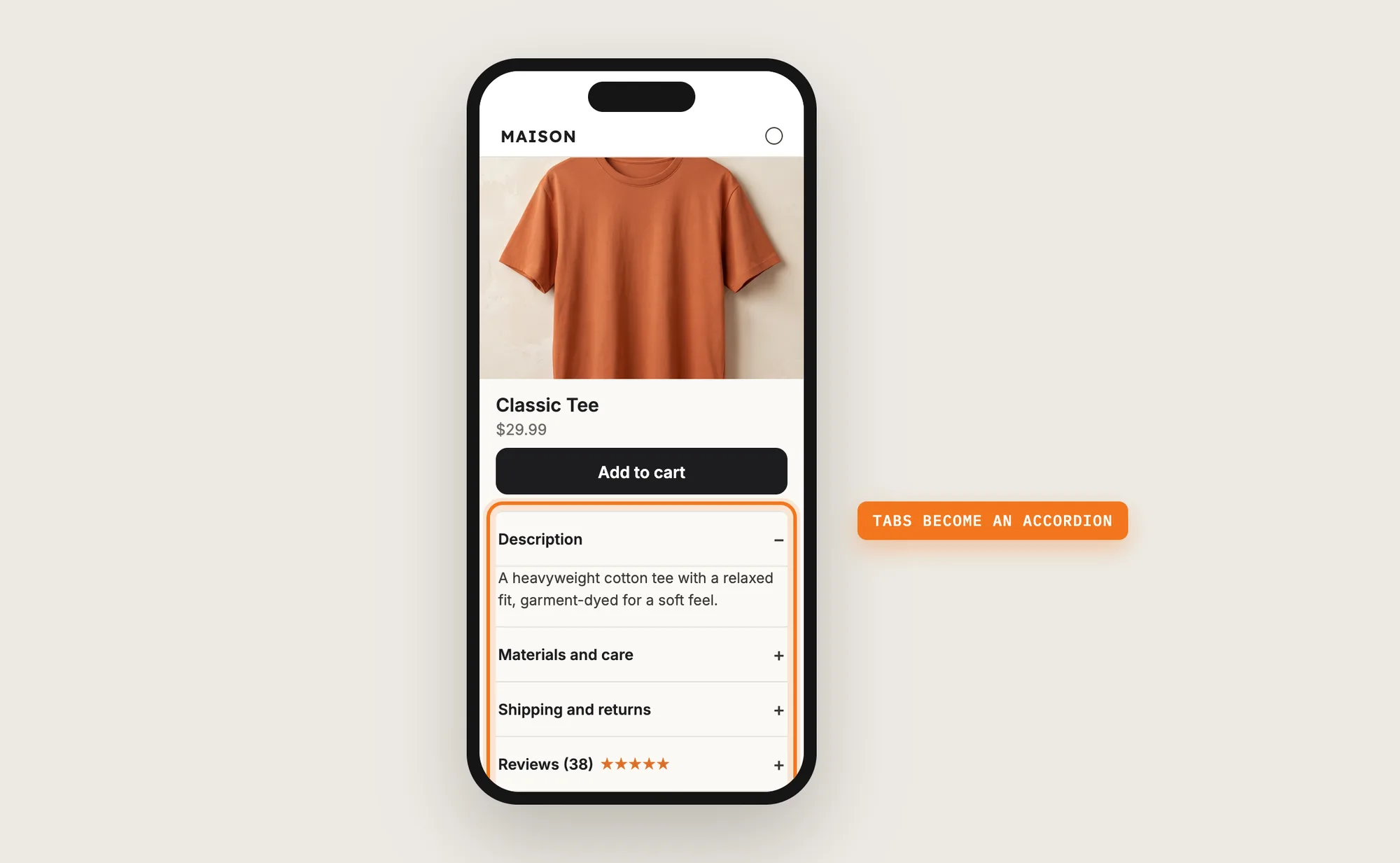 A phone showing a product page with the product description tabs as an accordion under the Add to cart button