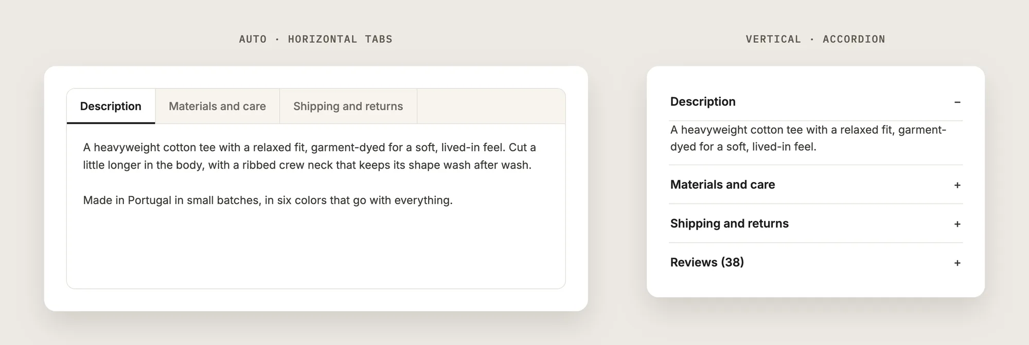 Horizontal tabs from the Auto setting next to an accordion from the Vertical setting