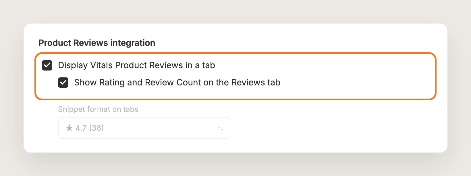 Product Reviews integration card with Display Vitals Product Reviews in a tab and Show Rating and Review Count on the Reviews tab ticked