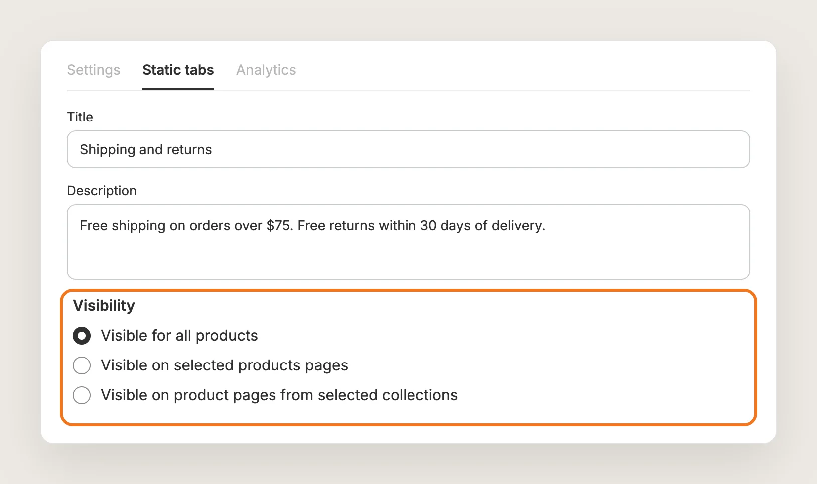 Static tab editor with the Title Shipping and returns and Visibility set to Visible for all products