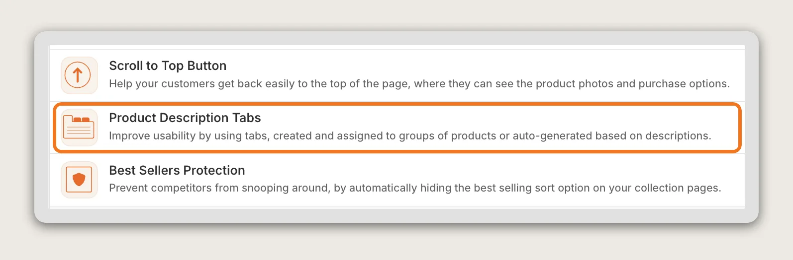 Vitals apps list with the Product Description Tabs row highlighted between Scroll to Top Button and Best Sellers Protection
