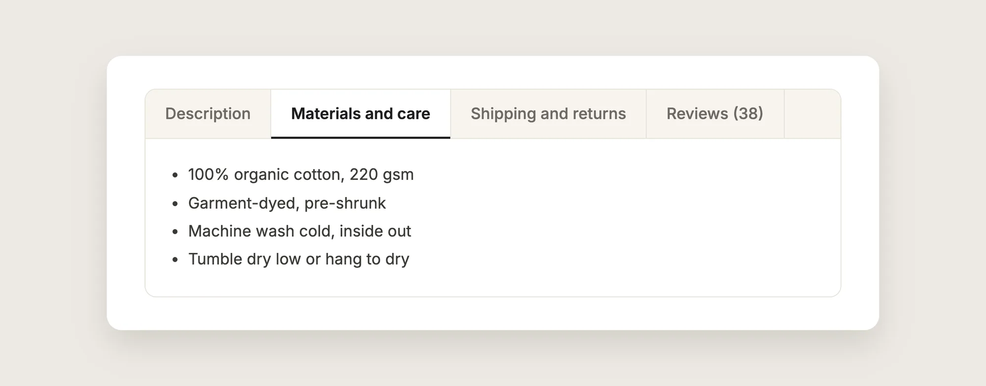 Close-up of product description tabs with the Materials and care tab open, next to Description, Shipping and returns, and Reviews tabs
