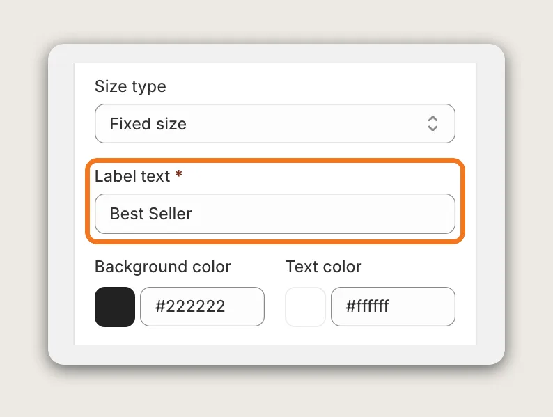 Vitals Product Labels Appearance card with the Label text field set to Best Seller highlighted, plus Size type, Background color and Text color