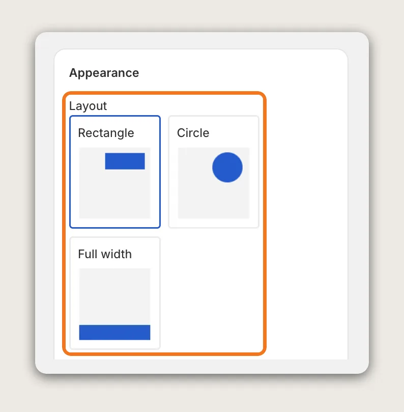 Vitals Product Labels Appearance card with the Layout options Rectangle, Circle and Full width highlighted