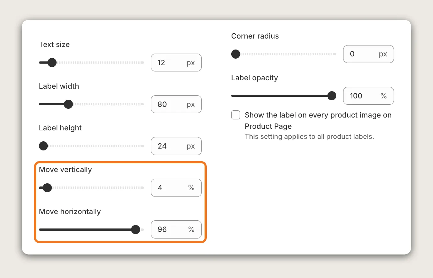 Vitals Product Labels Appearance sliders with Move vertically at 4% and Move horizontally at 96% highlighted, plus Text size, Label width, Label height, Corner radius and Label opacity