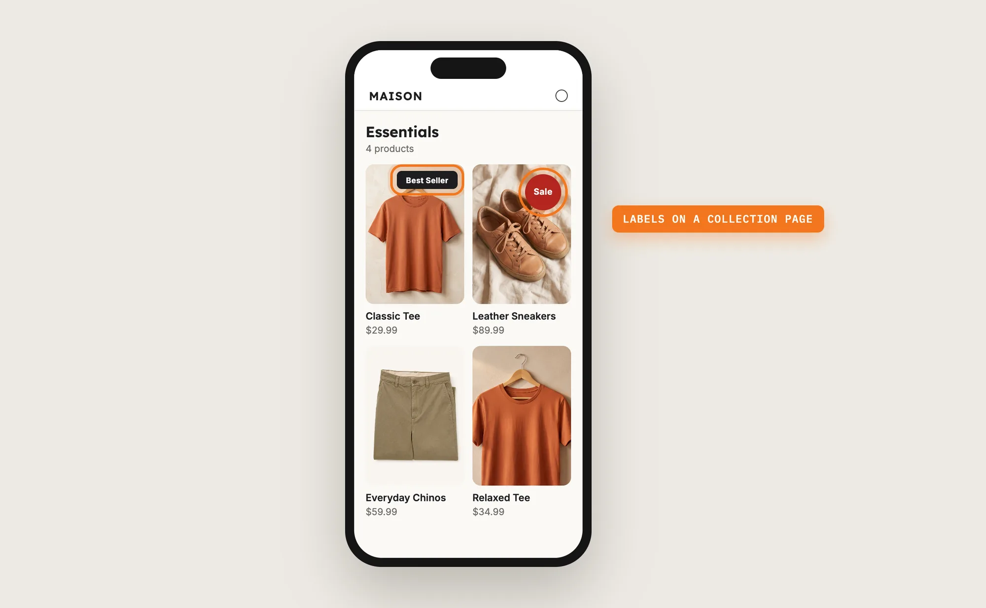 A phone showing a collection page with a Best Seller label and a Sale label on two product images