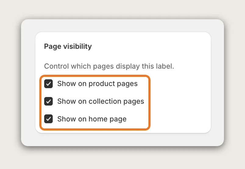 Vitals Product Labels Page visibility card with Show on product pages, Show on collection pages and Show on home page ticked and highlighted