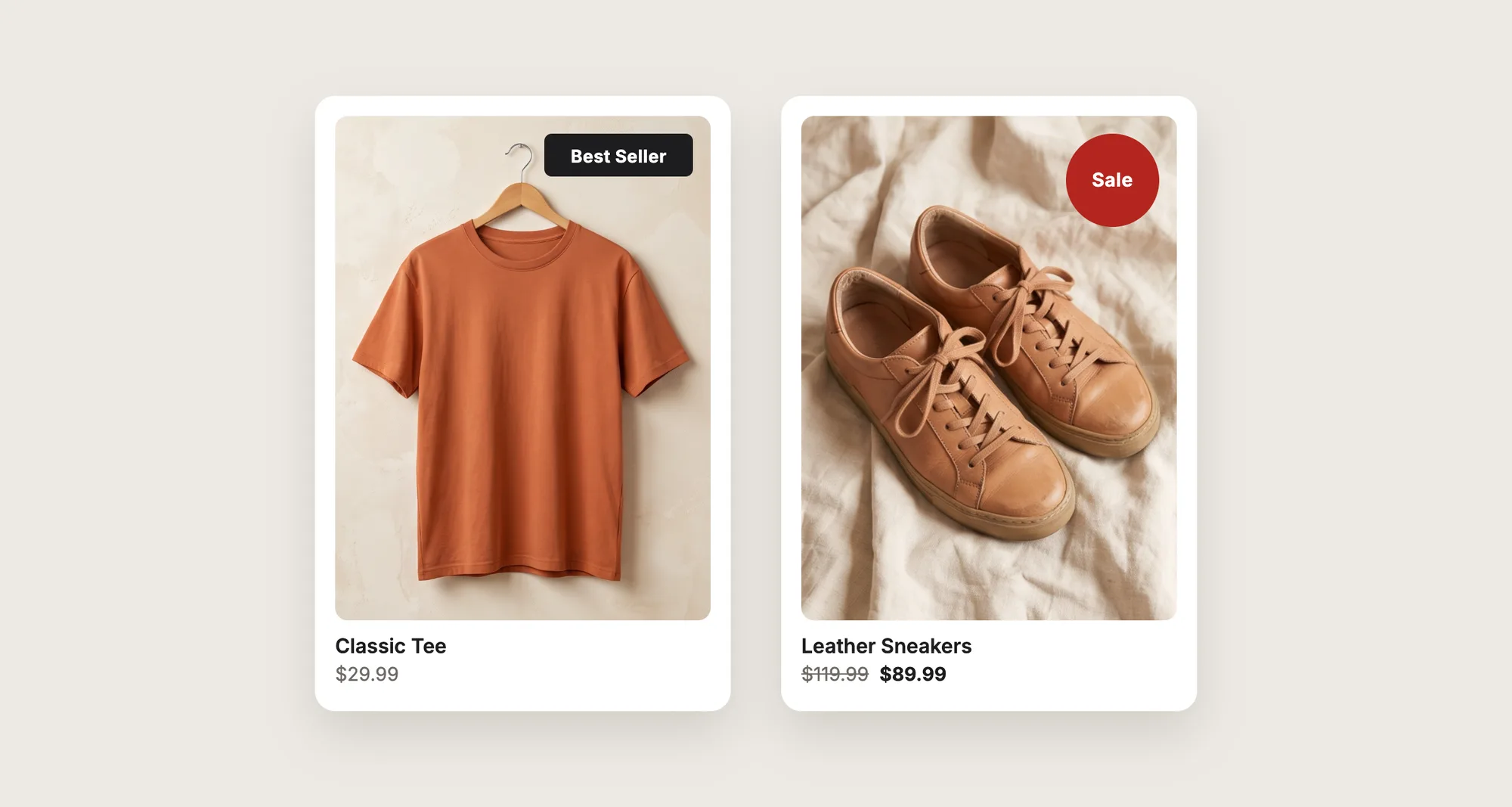 Close-up of two product cards, a Classic Tee with a black Best Seller label and Leather Sneakers with a red round Sale label