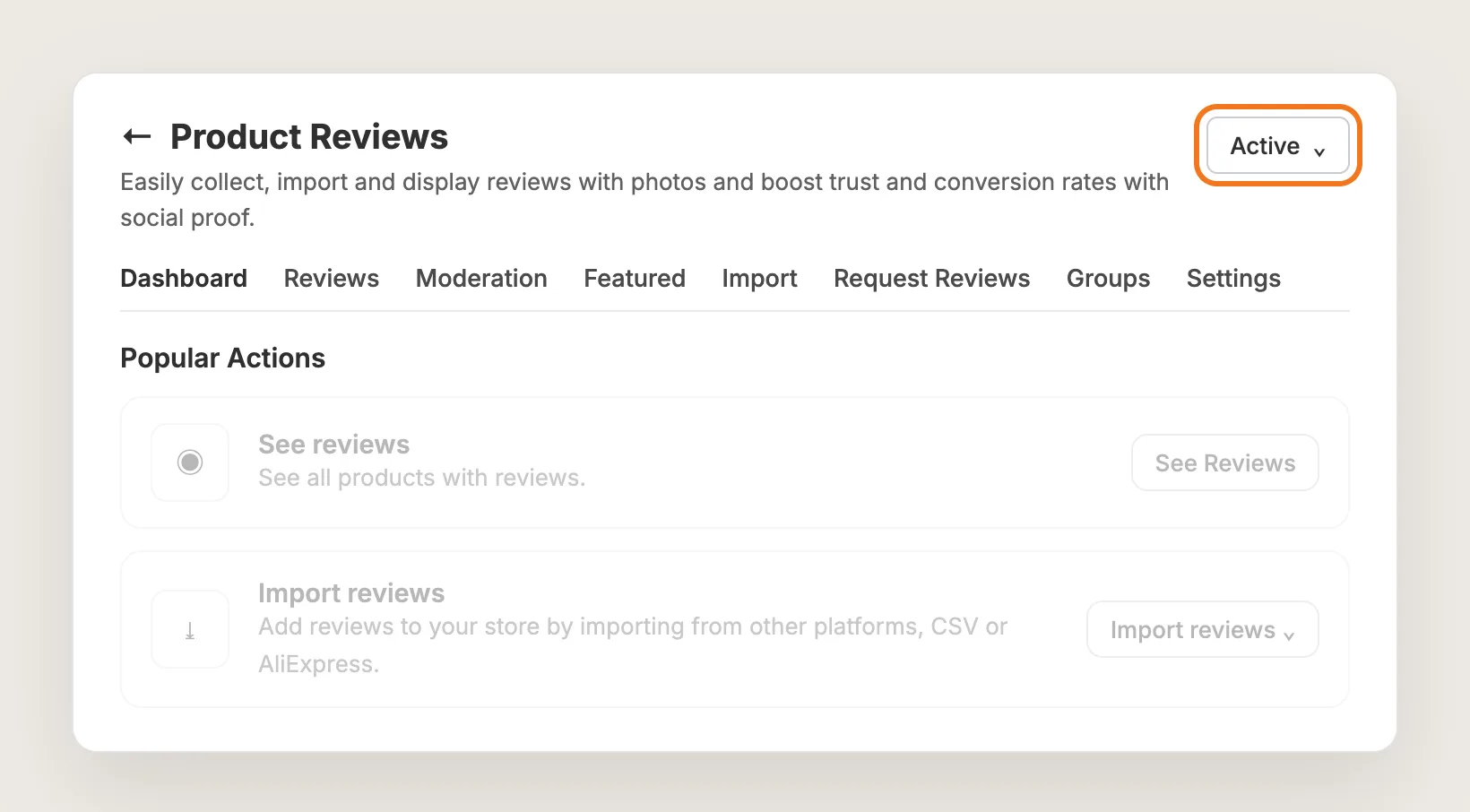 Vitals Product Reviews dashboard with the Active dropdown highlighted above the app tabs