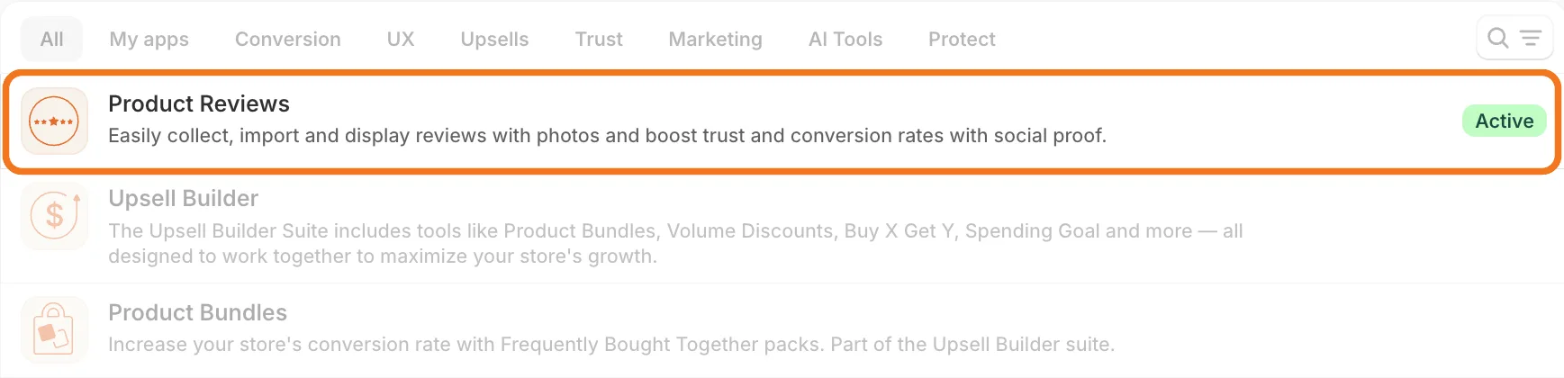 Vitals apps list with the Product Reviews row highlighted and marked Active