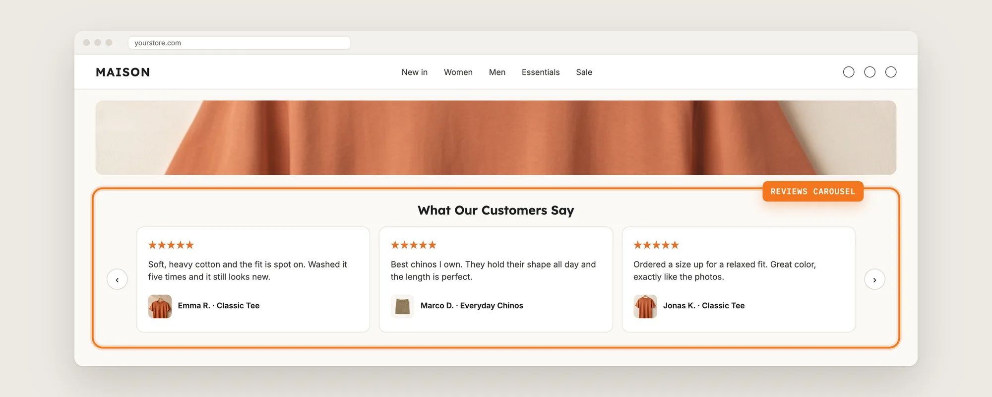 A Shopify homepage with a reviews carousel of three 5-star reviews highlighted below the banner