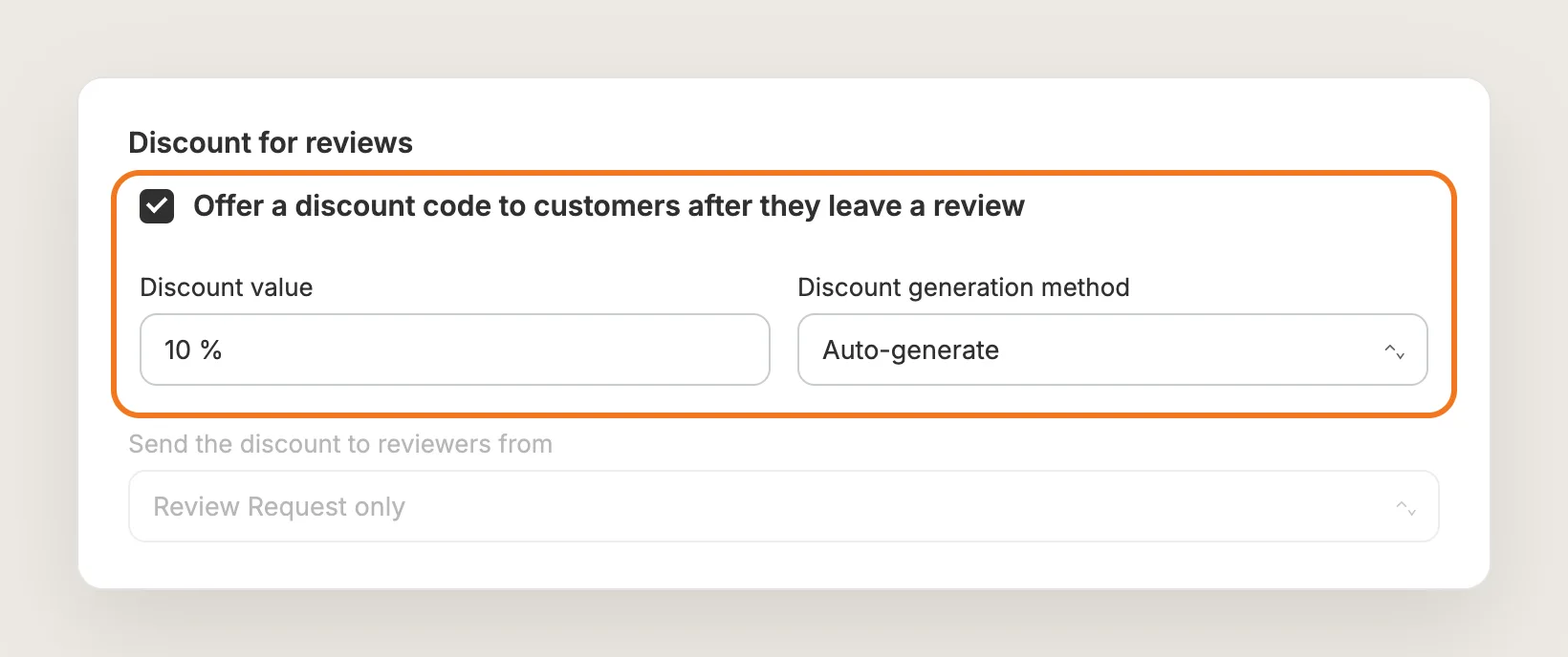 Vitals Discount for reviews card with the discount turned on, a 10% value and Auto-generate selected