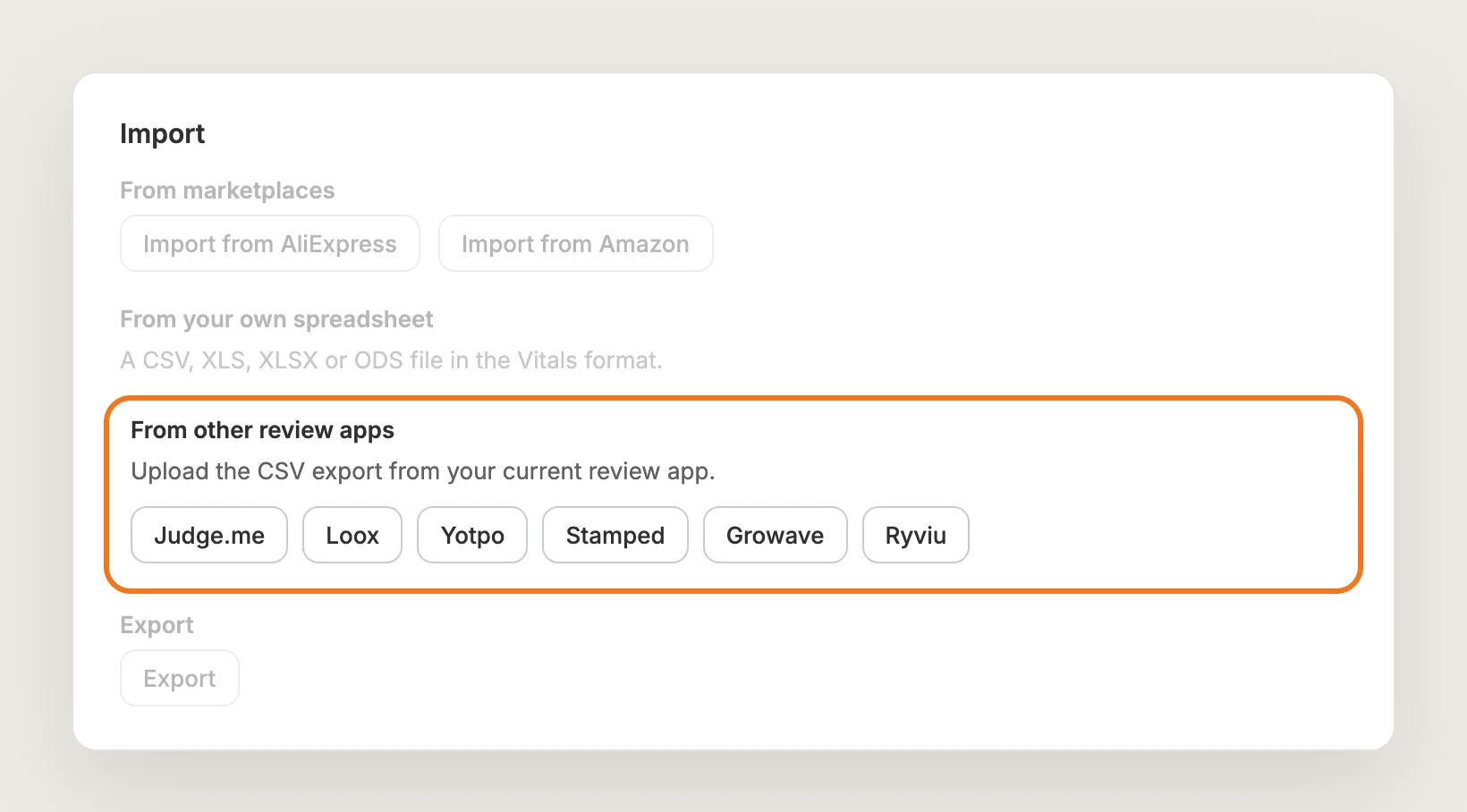 Vitals Product Reviews Import tab with the From other review apps section highlighted