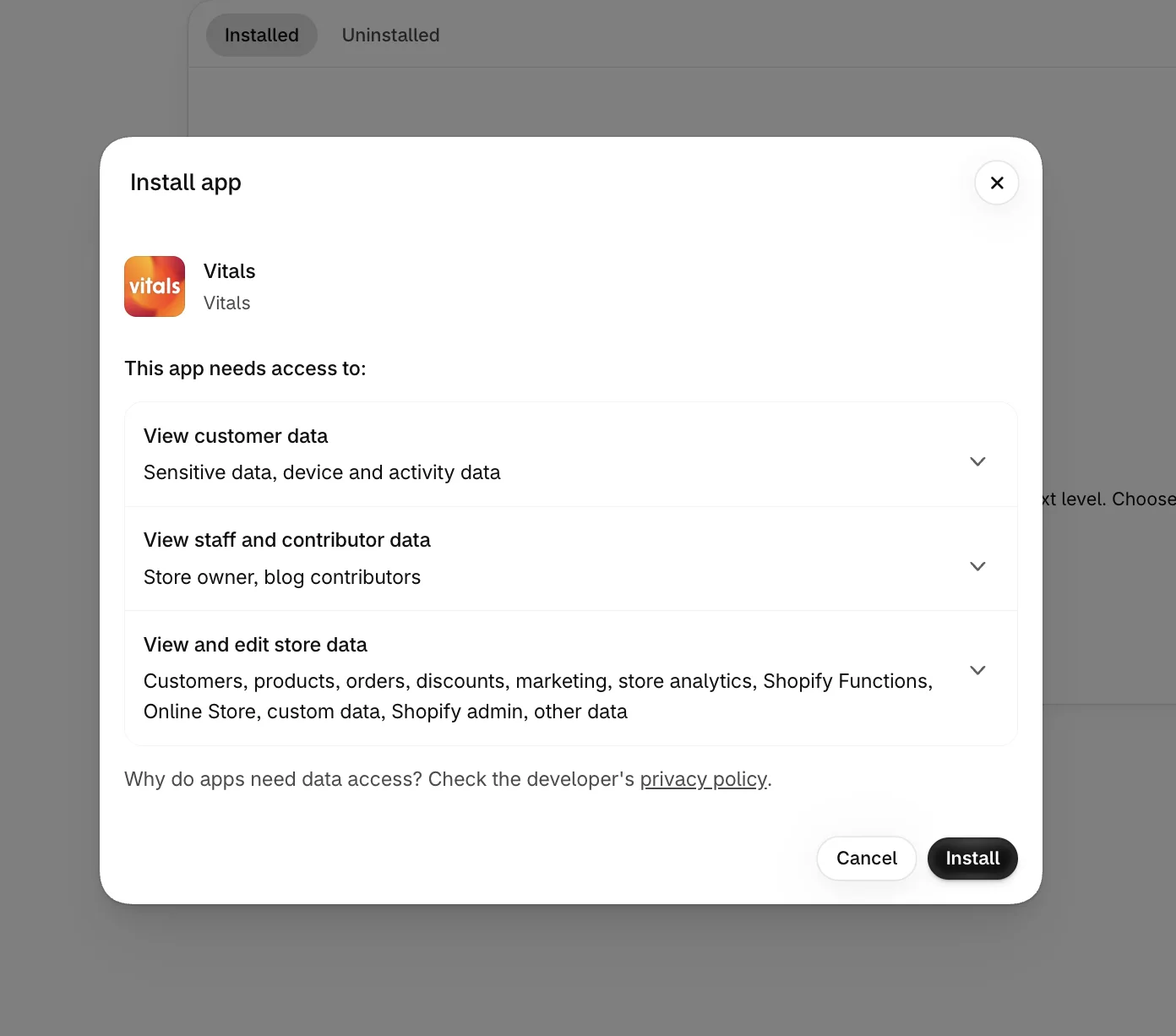 Shopify Install app dialog for Vitals with the Install button