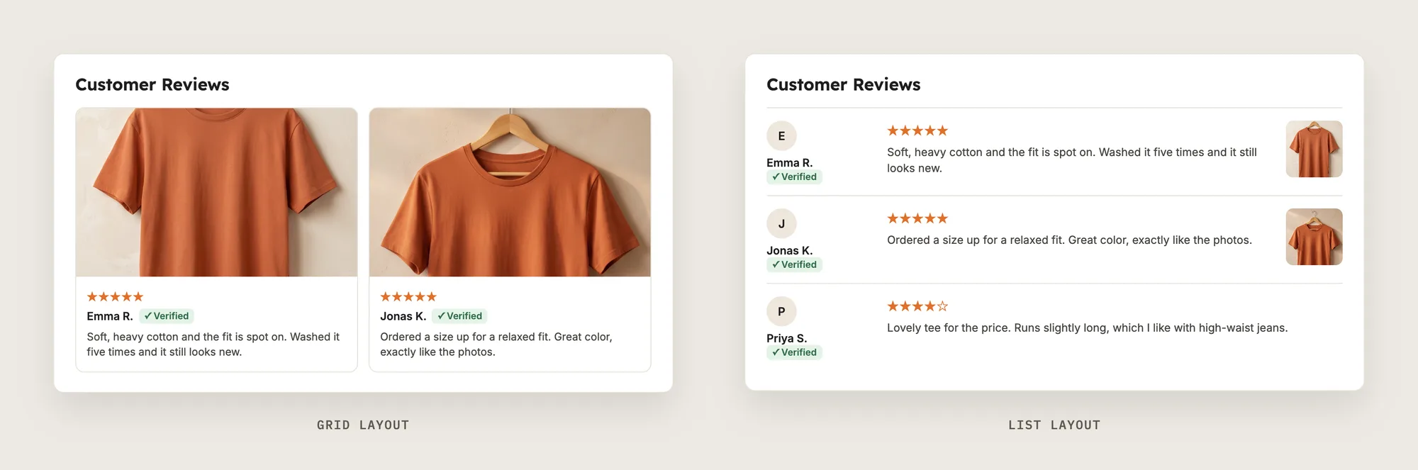 A product reviews widget in the Grid layout next to the same reviews in the List layout