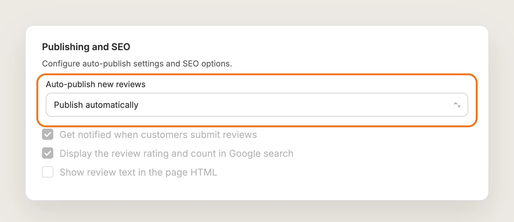 Vitals Publishing and SEO card with Auto-publish new reviews set to Publish automatically