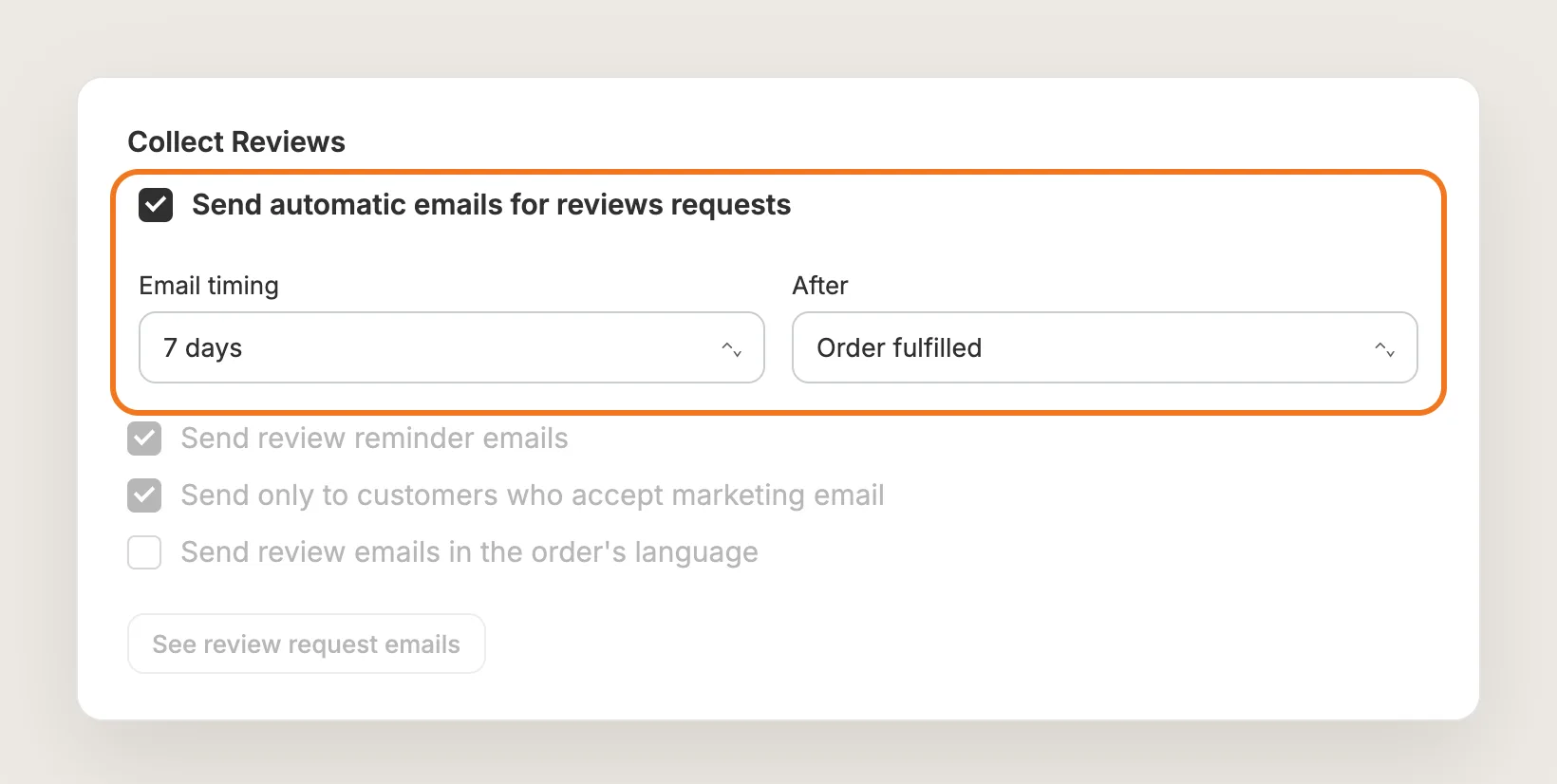 Vitals Collect Reviews card with Send automatic emails for reviews requests ticked, Email timing set to 7 days and After set to Order fulfilled