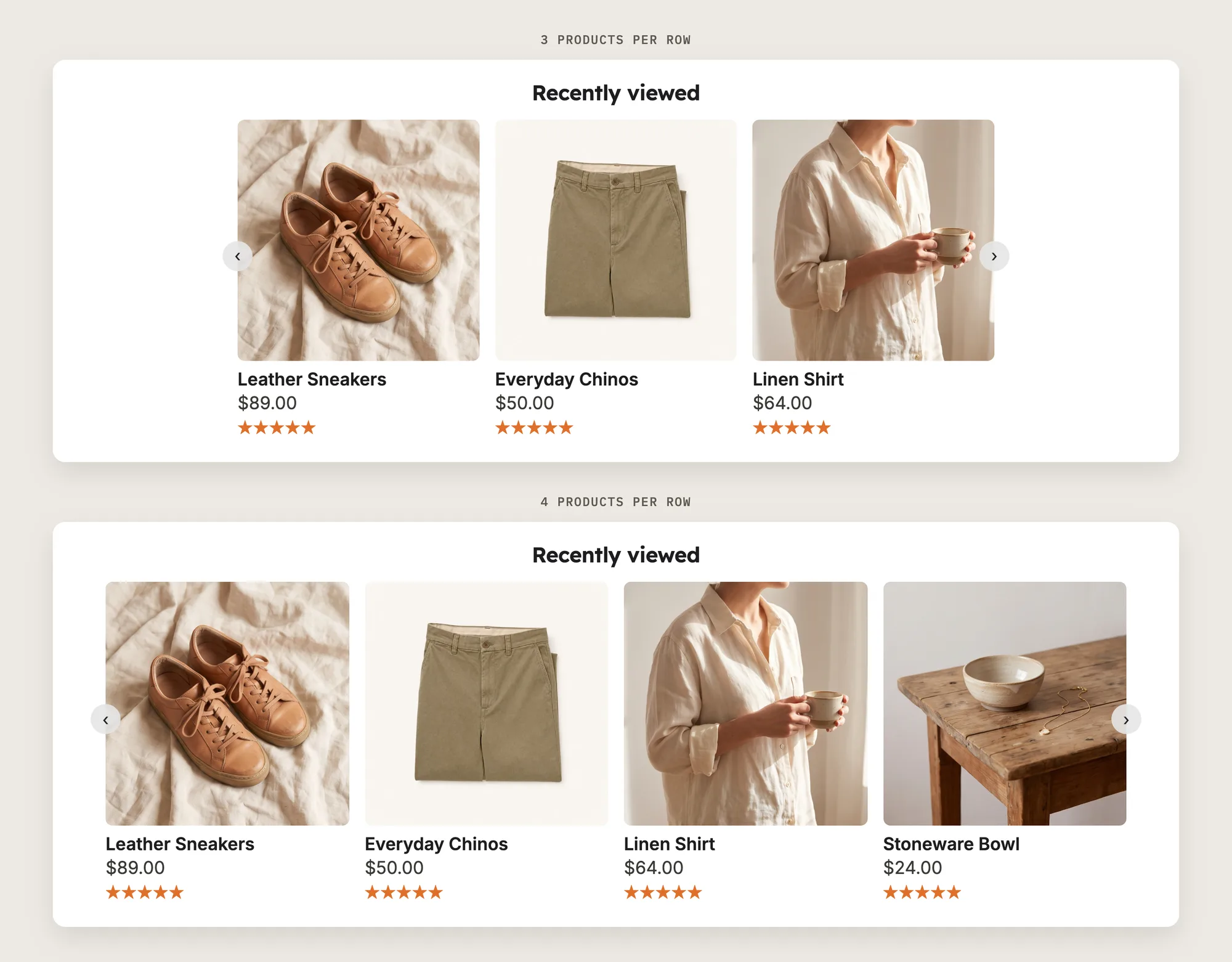 Two recently viewed carousels, one with 3 products per row and one with 4