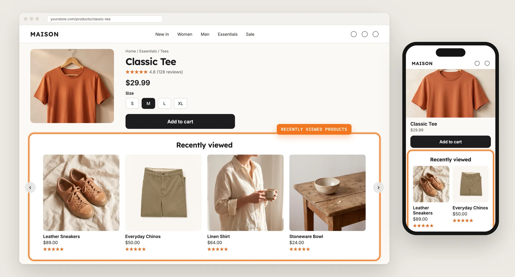 A Shopify product page on desktop and mobile with the recently viewed products carousel highlighted below the product