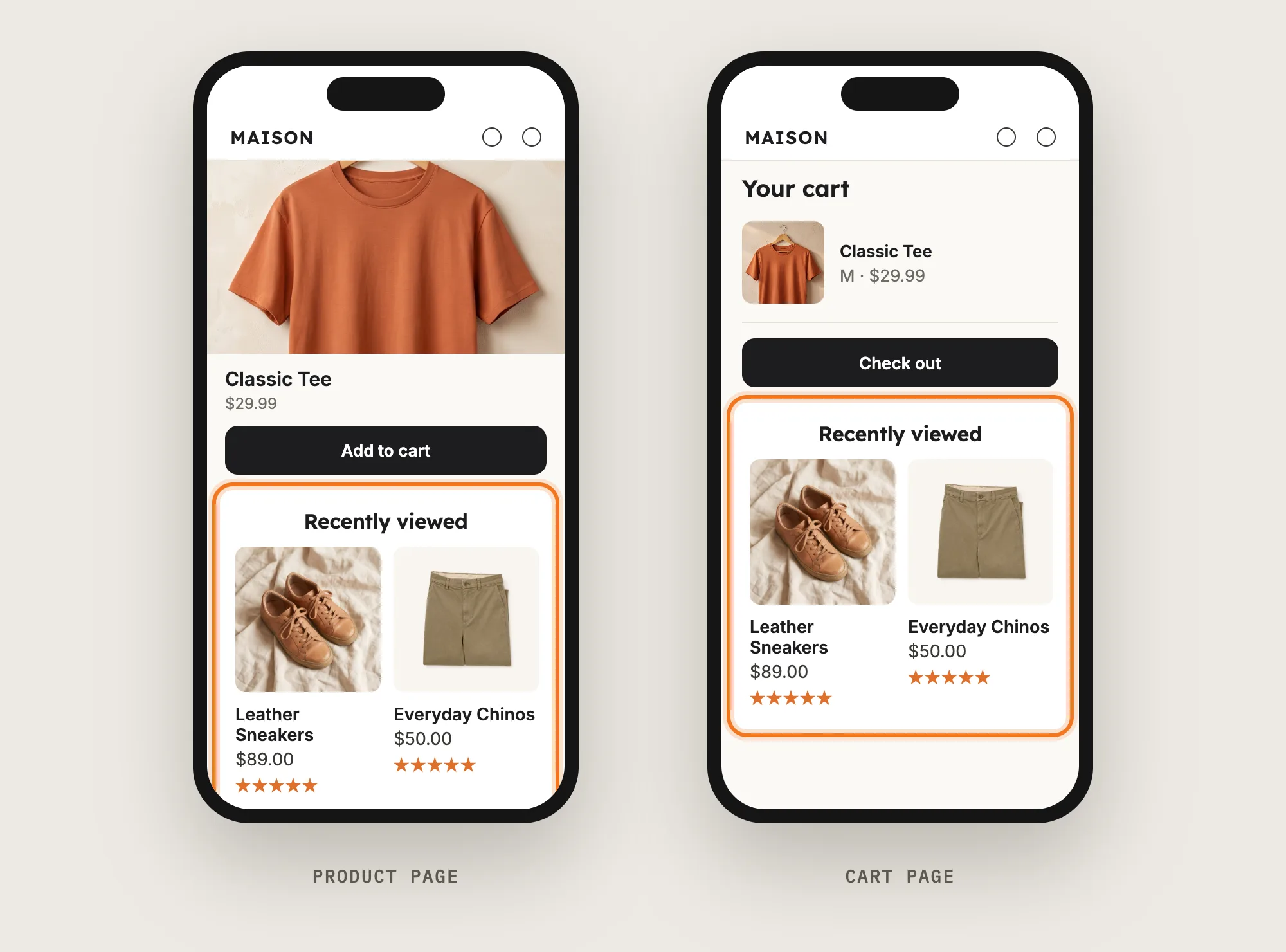 Two phones, one with recently viewed products below a product and one with recently viewed products on the cart page
